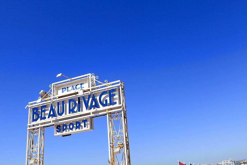 Beau Rivage beach sign, Nice, Alpes Maritimes, Provence, Cote d'Azur, French Riviera, France, Europe