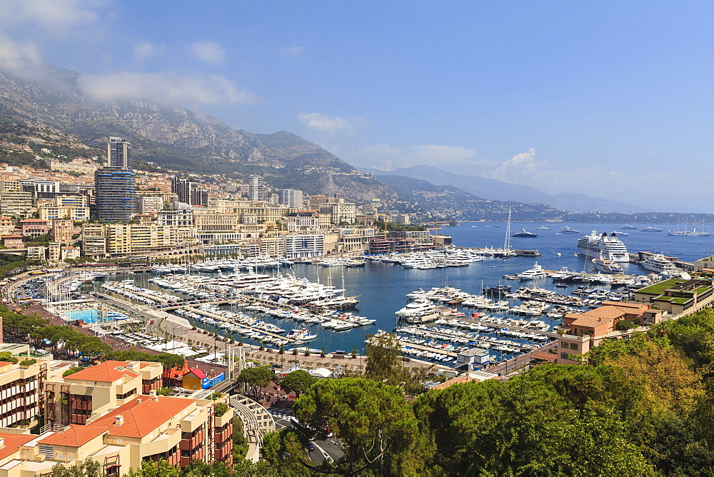 High angle view of Monaco and harbour, Monaco, Mediterranean, Europe