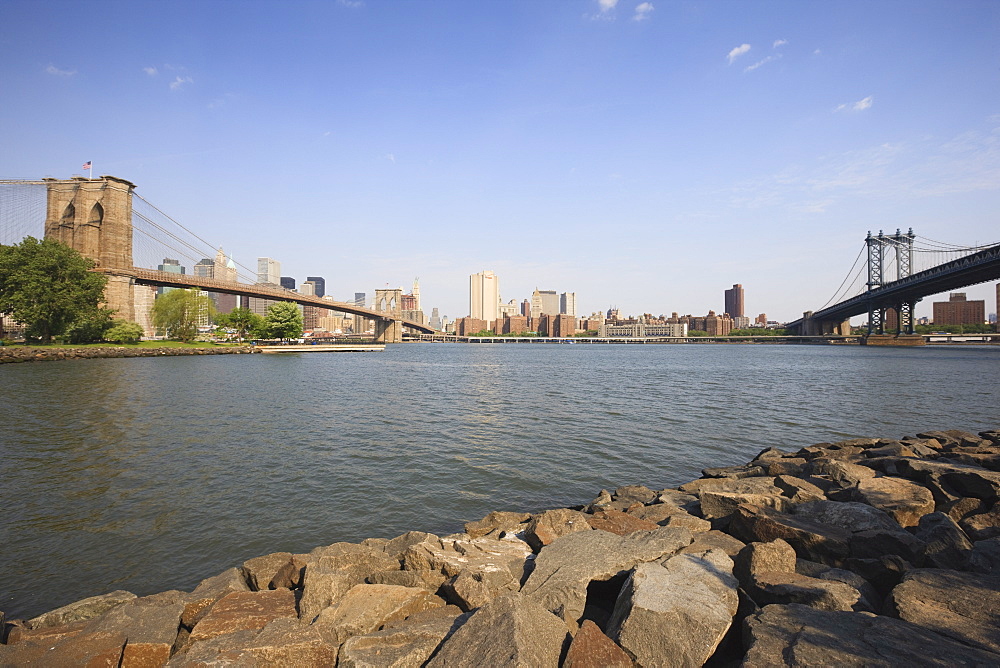 Brooklyn Bridge and Manhattan Bridge spanning the East River, from Empire-Fulton Ferry State Park, Brooklyn, New York City, New York, United States of America, North America