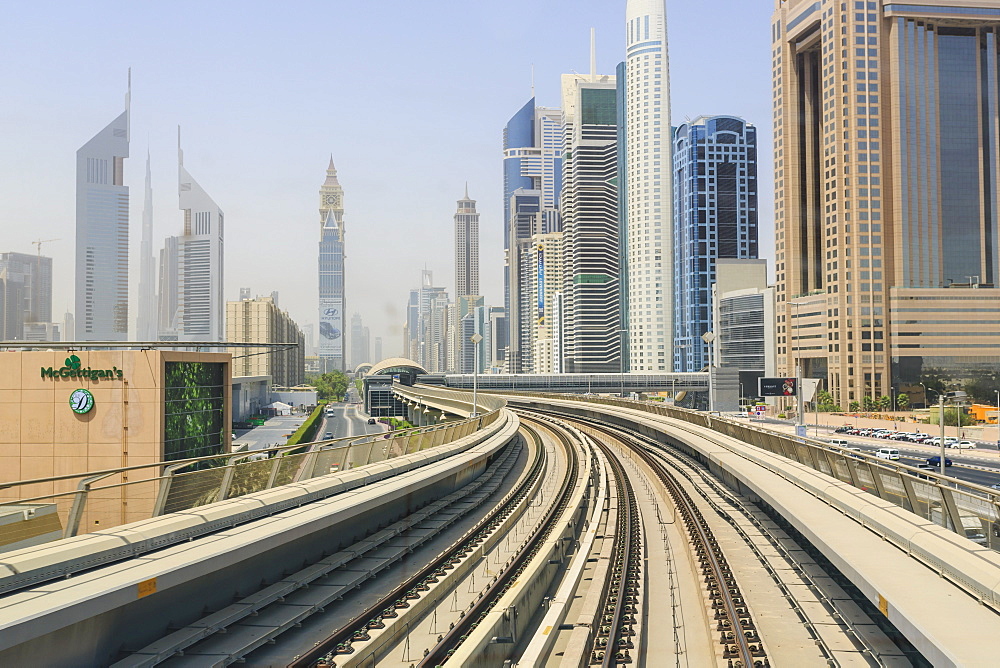 Elevated Metro track on Sheikh Zayed Road, Dubai, United Arab Emirates, Middle East 