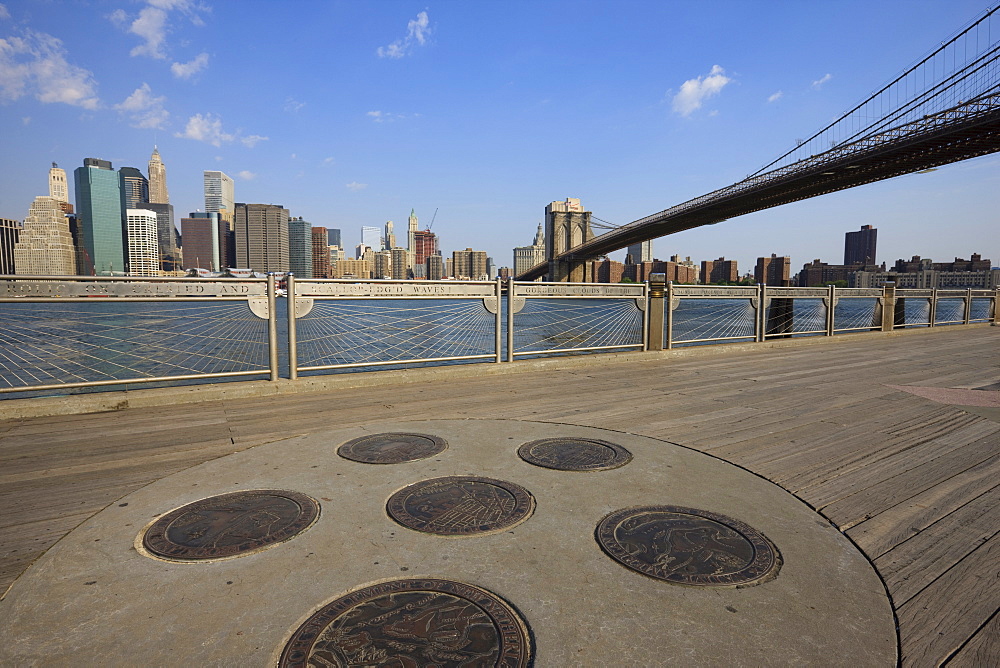 Brooklyn Bridge spanning the East River from Fulton Ferry Landing, Brooklyn, New York City, New York, United States of America, North America