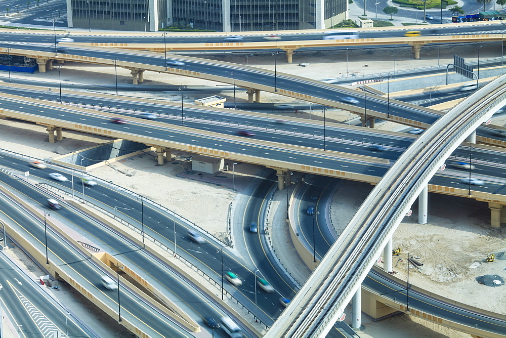 Road interchange and Metro train, Dubai, United Arab Emirates, Middle East 