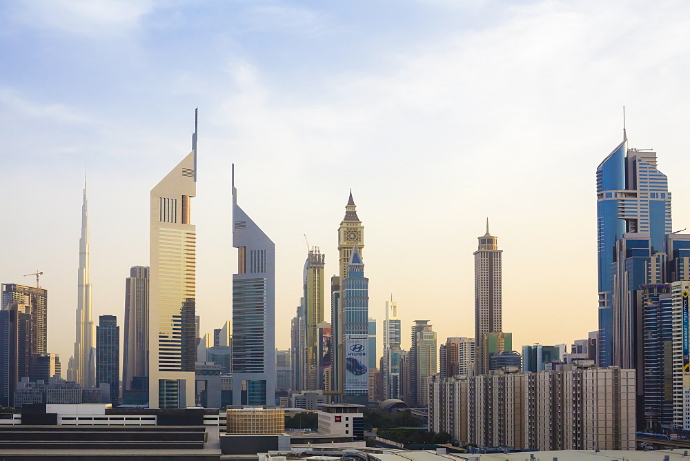 Dubai cityscape with Burj Khalifa and Emirates Towers, Dubai, United Arab Emirates, Middle East