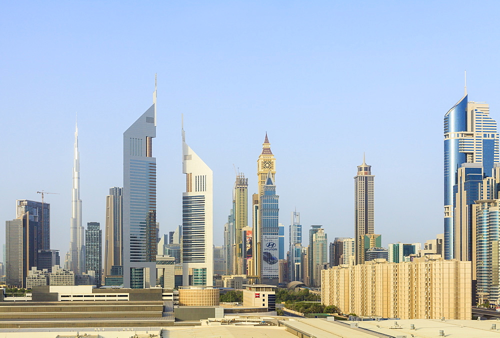 Dubai cityscape with Burj Khalifa and Emirates Towers, Dubai, United Arab Emirates, Middle East