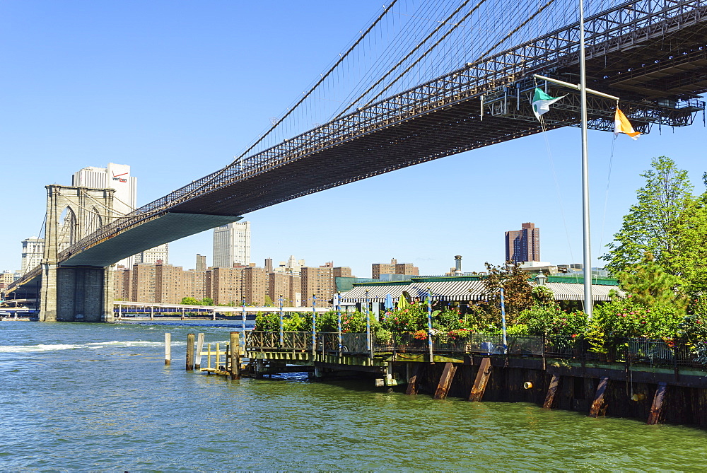 Brooklyn Bridge and the River Cafe below, Brooklyn, New York City, New York, United States of America, North America