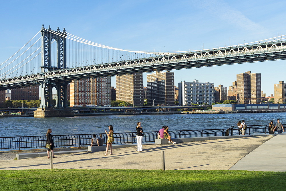 Manhattan Bridge spanning the East River viewed from Brooklyn Bridge Park, New York City, United States of America, North America