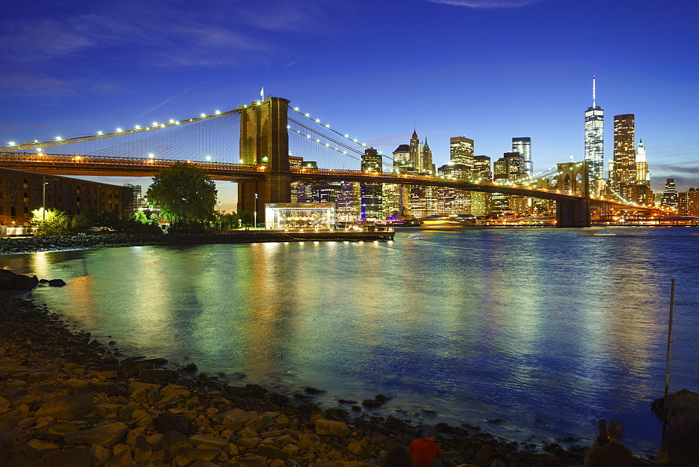 Brooklyn Bridge and Manhattan skyline at dusk from Brooklyn Bridge Park, New York City, New York, United States of America, North America