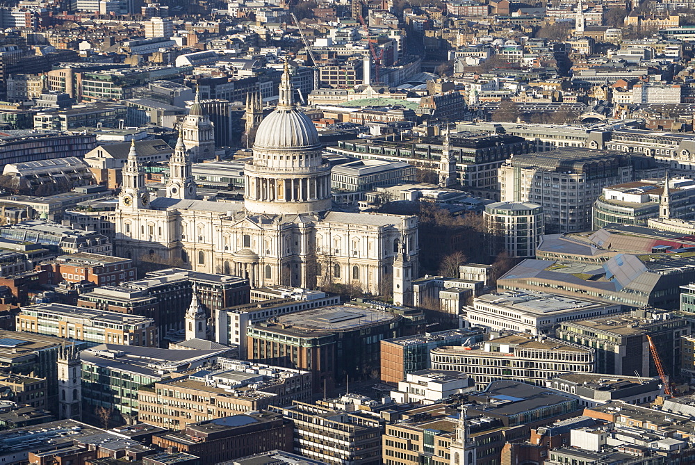 Elevated view of St. Paul's Cathedral and surrounding buildings, London, England, United Kingdom, Europe