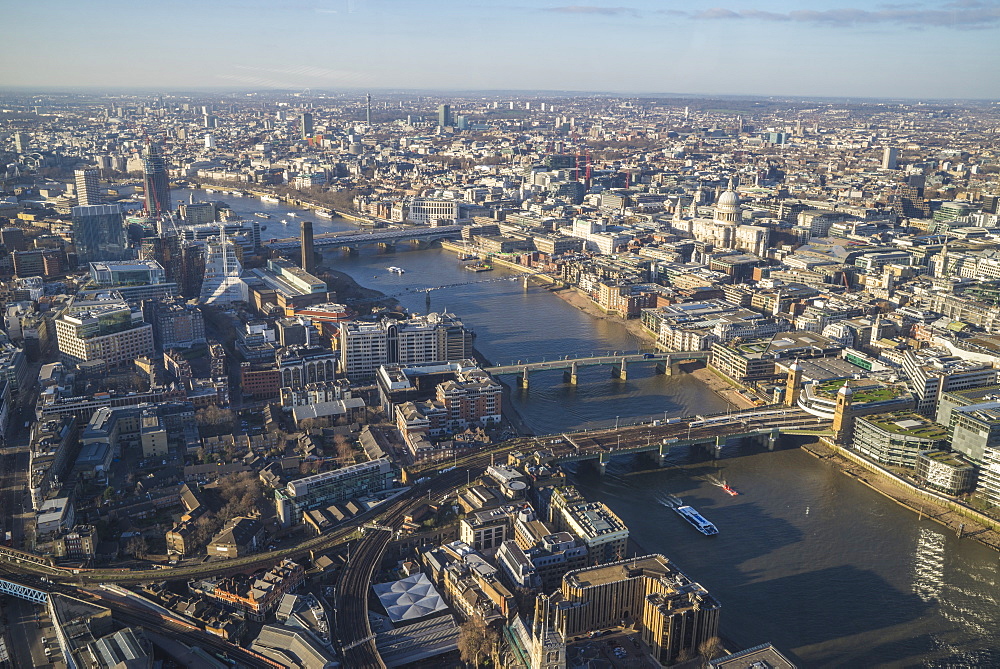 Elevated view of the River Thames and London skyline looking west, London, England, United Kingdom, Europe