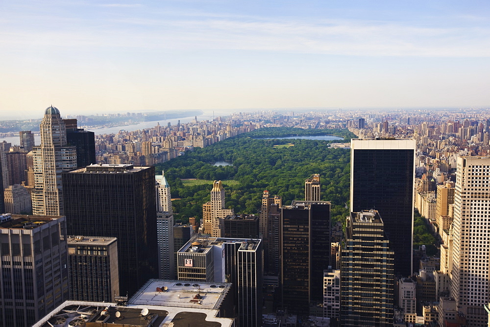 High angle view of Central Park, cityscape looking north, New York City, United States of America, North America