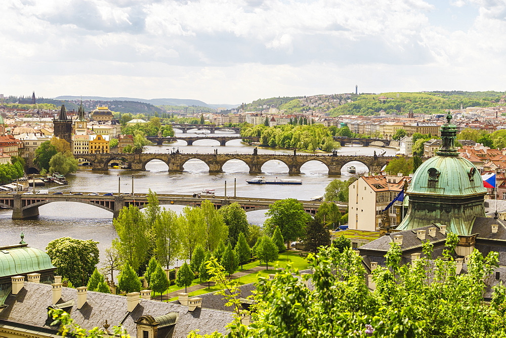 Prague cityscape looking down the Vltava River, Prague, Czech Republic, Europe