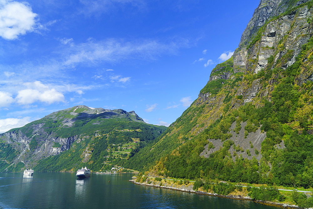 Cruiseships moored at the head of Geirangerfjord by the village of Geiranger, UNESCO World Heritage Site, Norway, Scandinavia, Europe