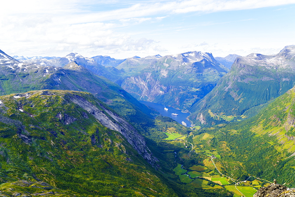 View of Geiranger and Geirangerfjord, UNESCO World Heritage Site, from the summit of Mount Dalsnibba, 1497m, Norway, Scandinavia, Europe