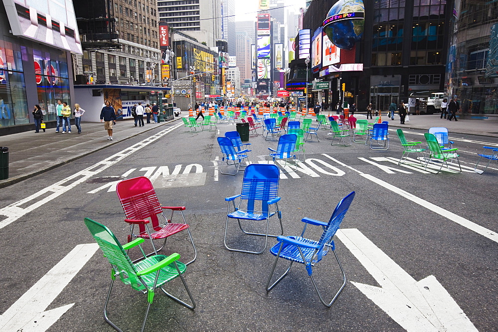 Garden chairs for pedestrians in Times Square, Midtown, Manhattan, New York City, New York, United States of America, North America