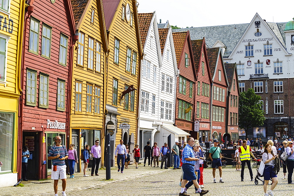 The wooden Hanseatic merchants buildings of the Bryggen, an ancient fjordside wharf, now a major tourist attraction, UNESCO World Heritage Site, Bergen, Norway, Scandinavia, Europe