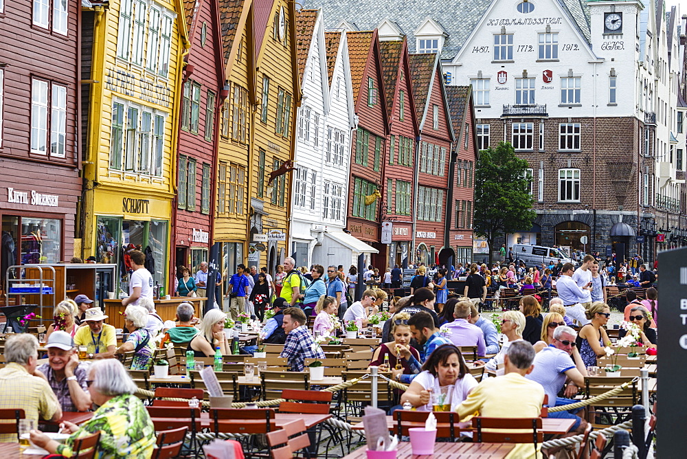 The wooden Hanseatic merchants buildings of the Bryggen, an ancient fjordside wharf, now a major tourist attraction, UNESCO World Heritage Site, Bergen, Norway, Scandinavia, Europe