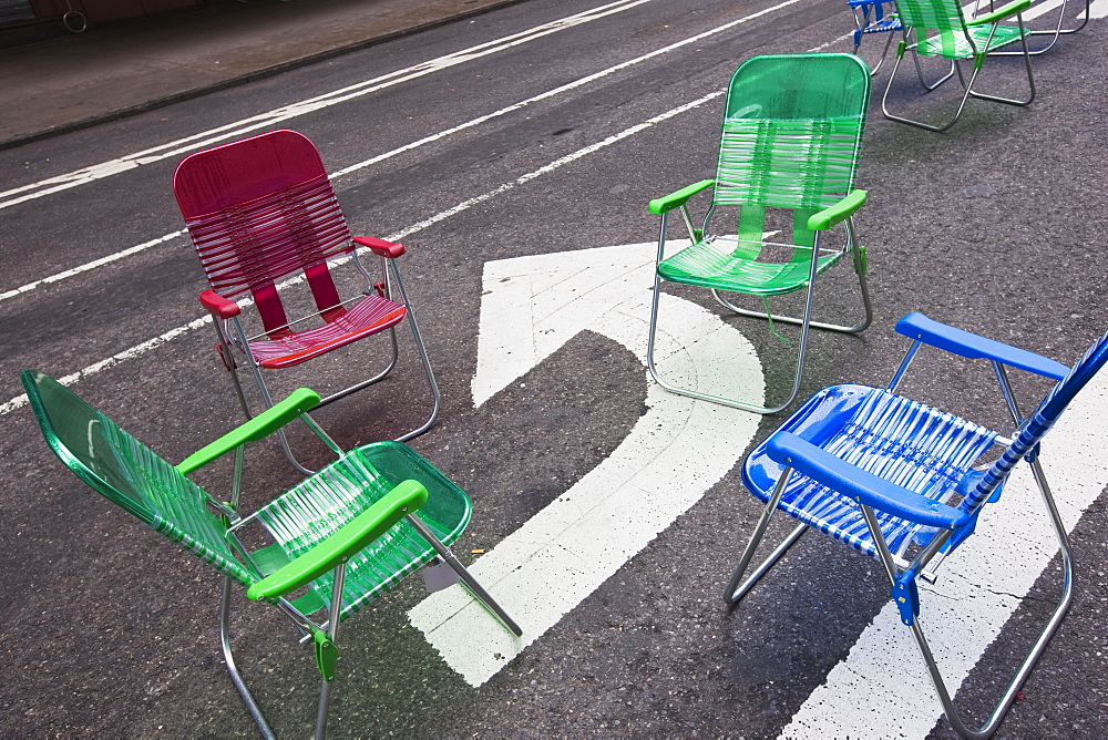 Garden chairs for pedestrians in Times Square, Midtown, Manhattan, New York City, New York, United States of America, North America