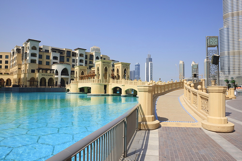 The Souk Al Bahar and Burj Khalifa, formerly the Burj Dubai, Downtown Burj Dubai, Dubai, United Arab Emirates, Middle East