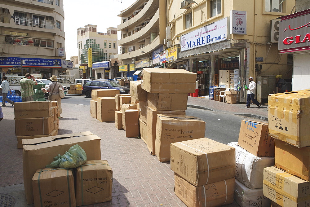 Goods stacked on the sidewalk, Deira, Dubai, United Arab Emirates, Middle East