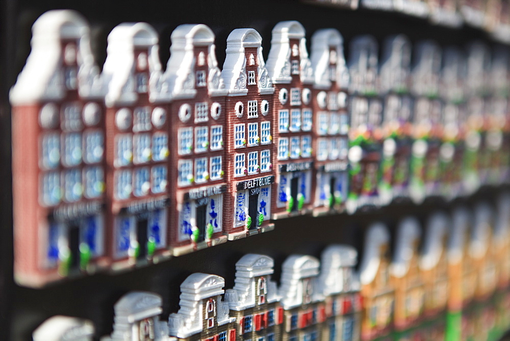 Souvenir fridge magnets in the shape of Amsterdam's Dutch gabled houses, Amsterdam, Netherlands, Europe