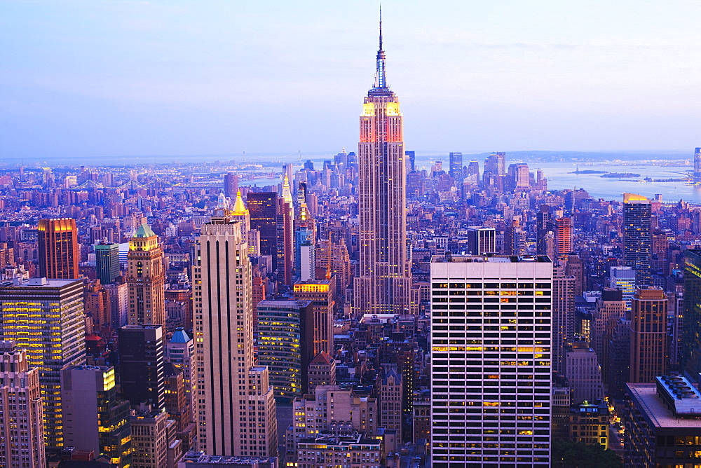 Empire State Building and Manhattan cityscape at dusk, New York City, New York, United States of America, North America