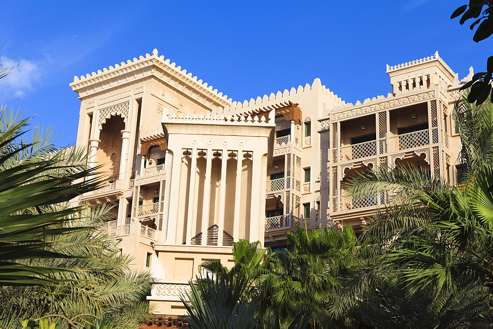 Arabesque architecture of the Al Qasr Hotel, part of the Madinat Jumeirah Hotel, Jumeirah Beach, Dubai, United Arab Emirates