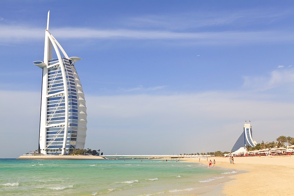 Burj Al Arab and Jumeirah Beach Hotels, Jumeirah Beach, Dubai, United Arab Emirates, Middle East