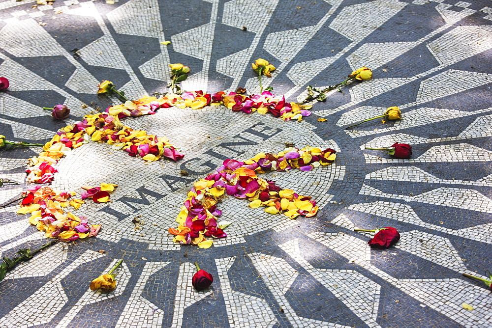 The Imagine Mosaic memorial to John Lennon who lived nearby at the Dakota Building, Strawberry Fields, Central Park, Manhattan, New York City, New York, United States of America, North America