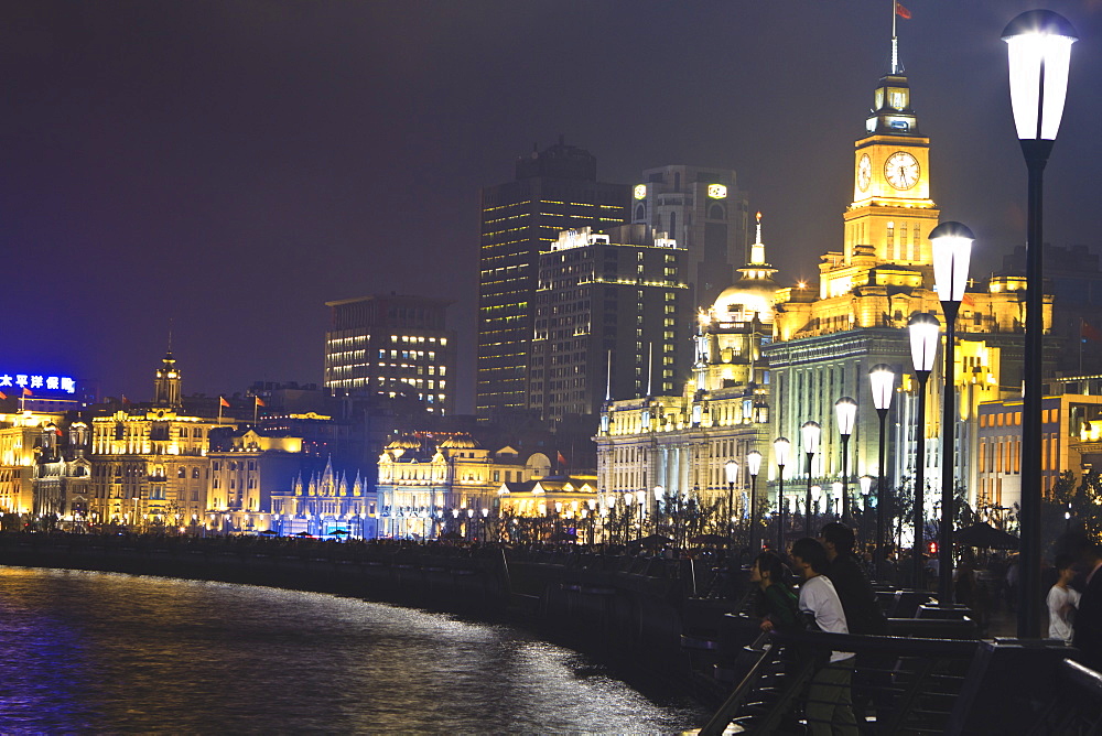 The Bund at night, Customs House, built in 1927, on the right, Shanghai, China, Asia