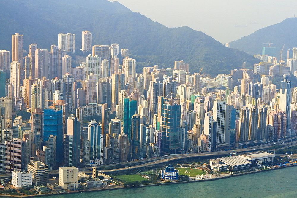 High view of the Hong Kong Island skyline and Victoria Harbour, Hong Kong, China, Asia