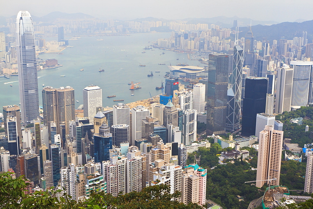 High view of the Hong Kong Island skyline and Victoria Harbour from Victoria Peak, Hong Kong, China, Asia