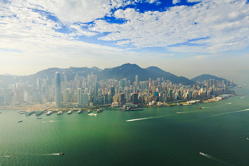 High view of the Hong Kong Island skyline and Victoria harbour, Hong Kong, China, Asia