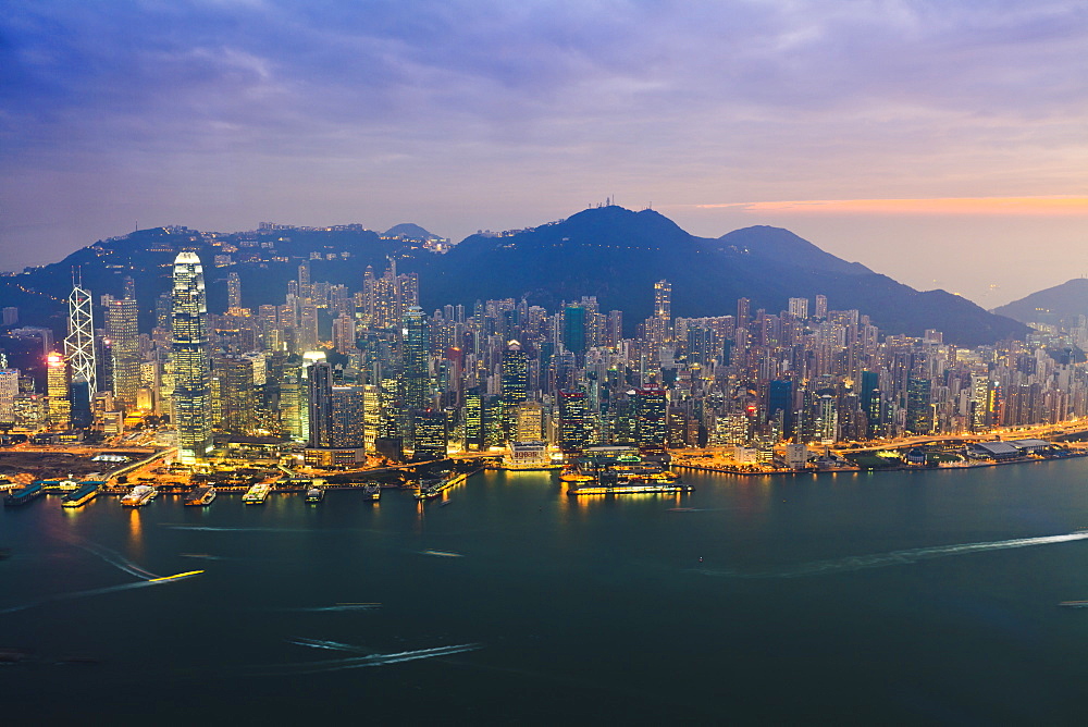 Cityscape of Hong Kong Island skyline at sunset, Hong Kong, China, Asia