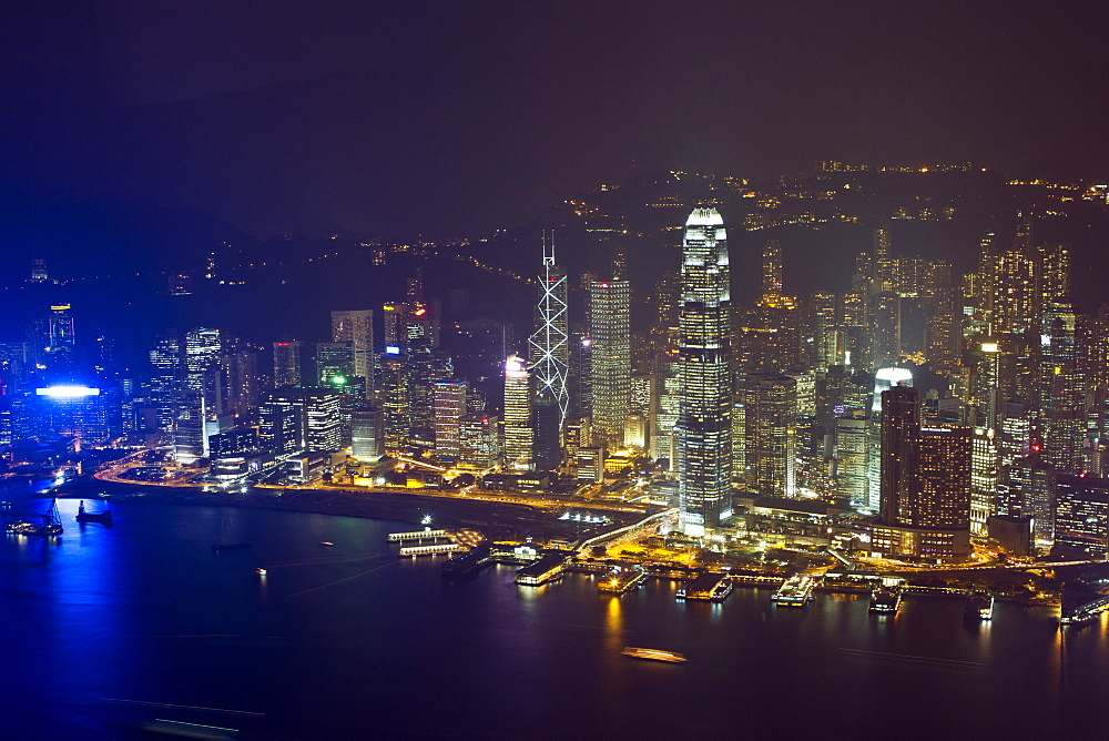 High angle view of Central, the main financial district, at night, Hong Kong Island, Hong Kong, China, Asia