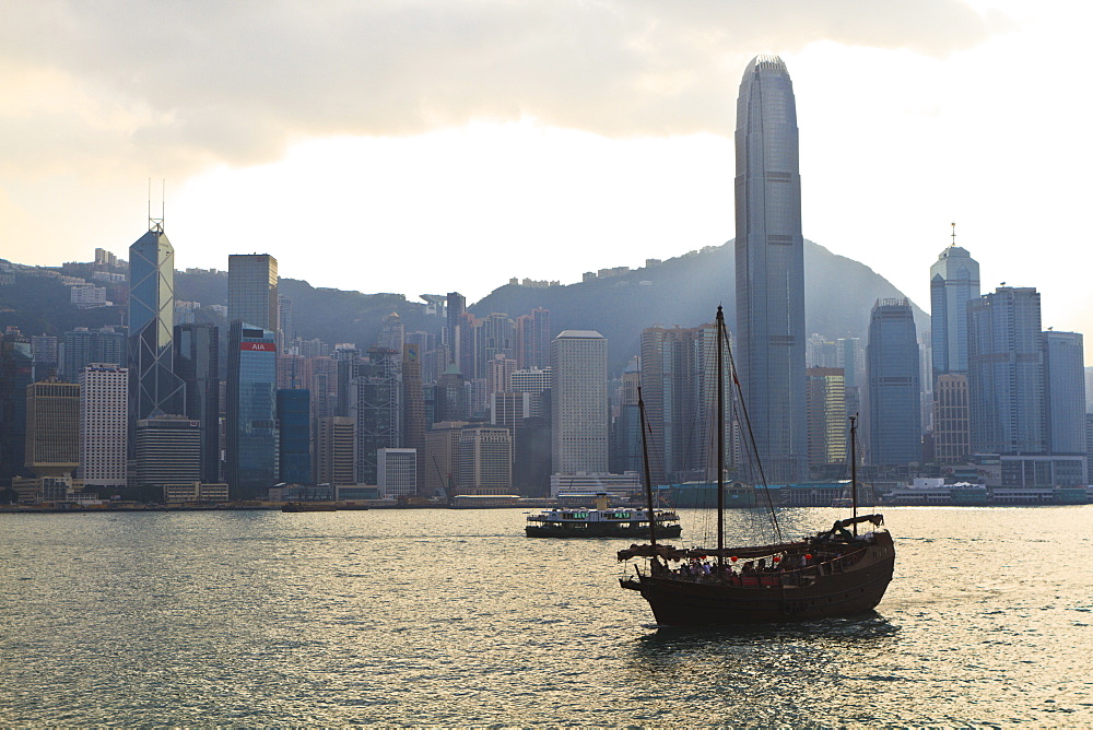 Star Ferry crossing Victoria Harbour towards Hong Kong Island, Two IFC Tower on the right, Hong Kong, China, Asis