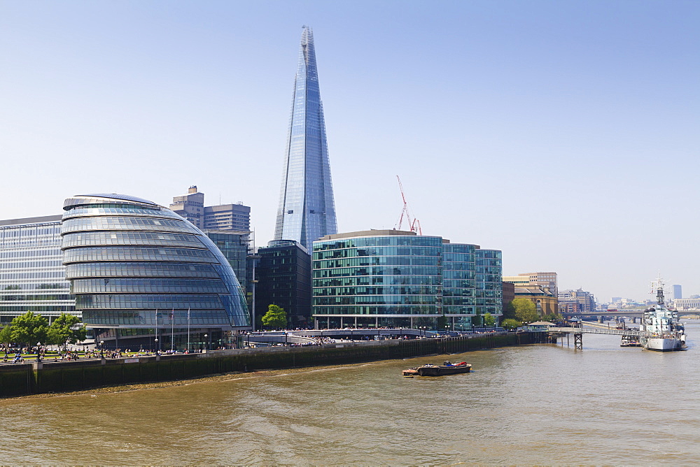 South Bank with City Hall, Shard London Bridge and More London buildings, London, England, United Kingdom, Europe