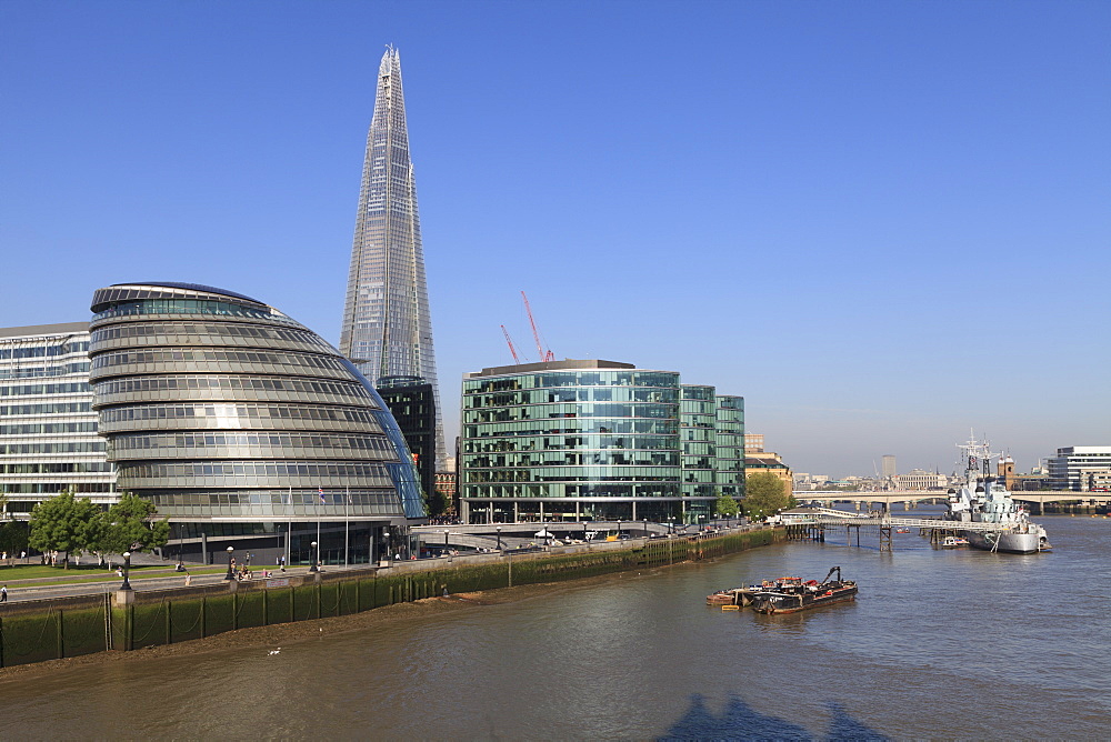 South Bank with City Hall, Shard London Bridge and More London buildings, London, England, United Kingdom, Europe