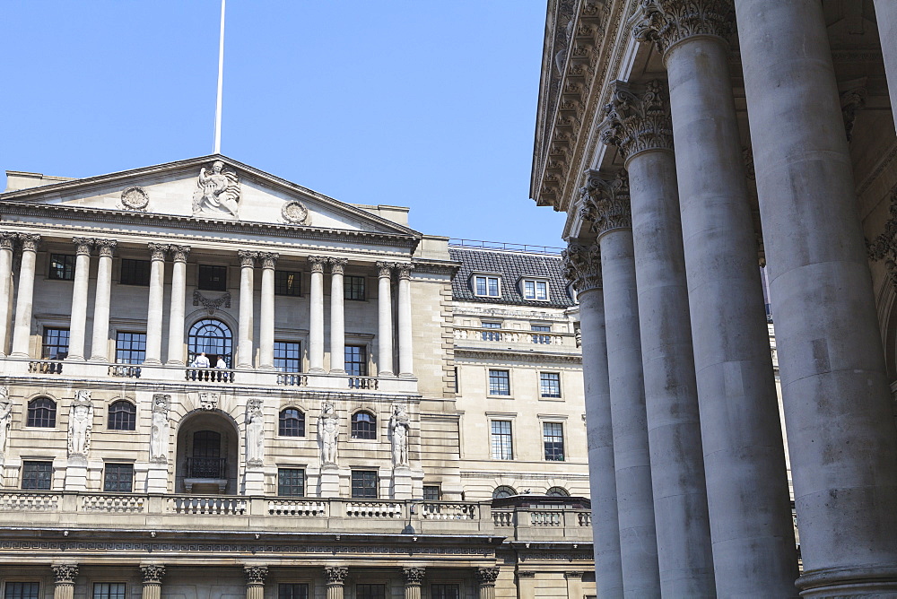 The Bank of England and Royal Exchange, Threadneedle Street, City of London, London, England, United Kingdom, Europe