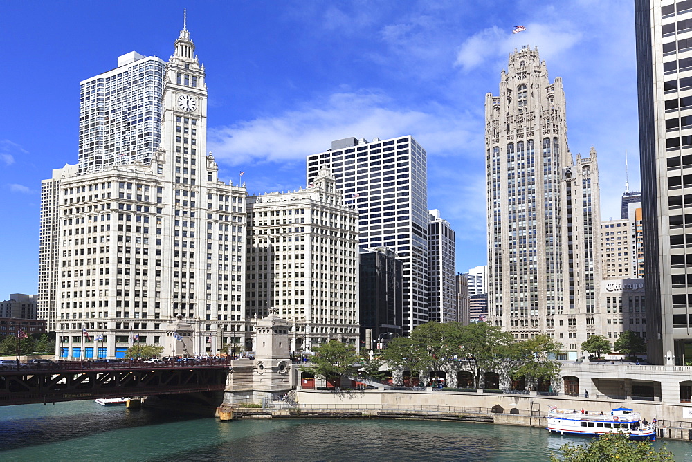 The Wrigley Building and Tribune Tower, across the Chicago River to North Michigan Avenue, Chicago, Illinois, United States of America, North America 