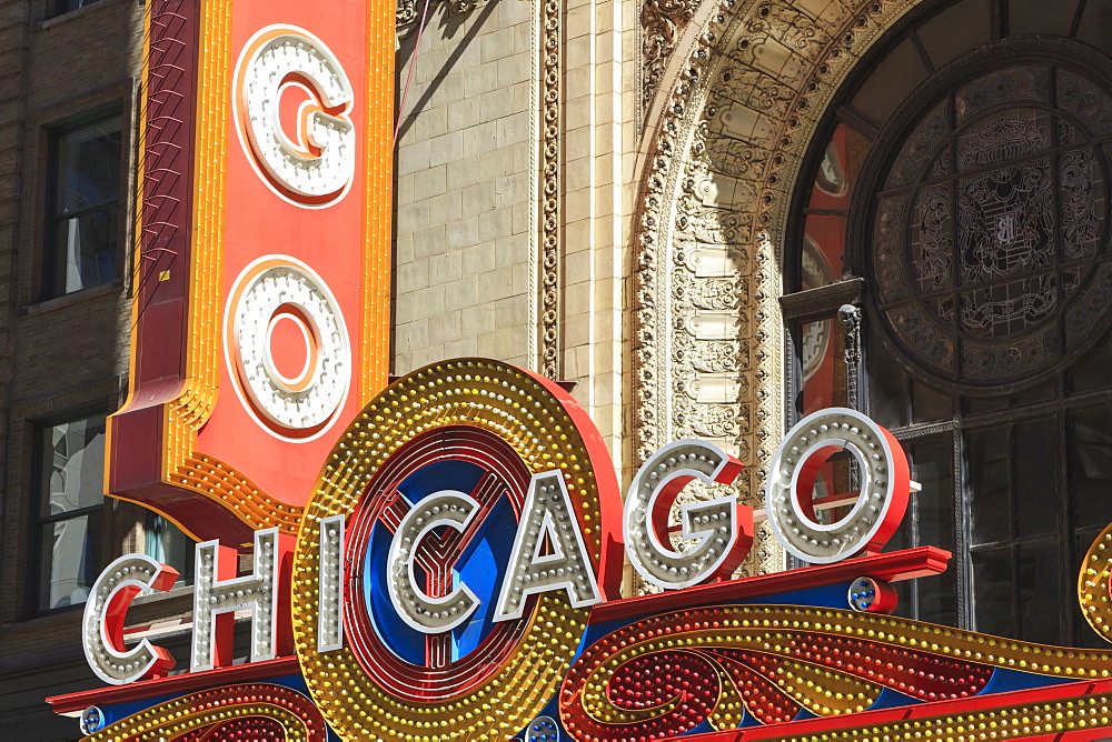 The Chicago Theater sign has become an iconic symbol of the city, Chicago, Illinois, United States of America, North America 