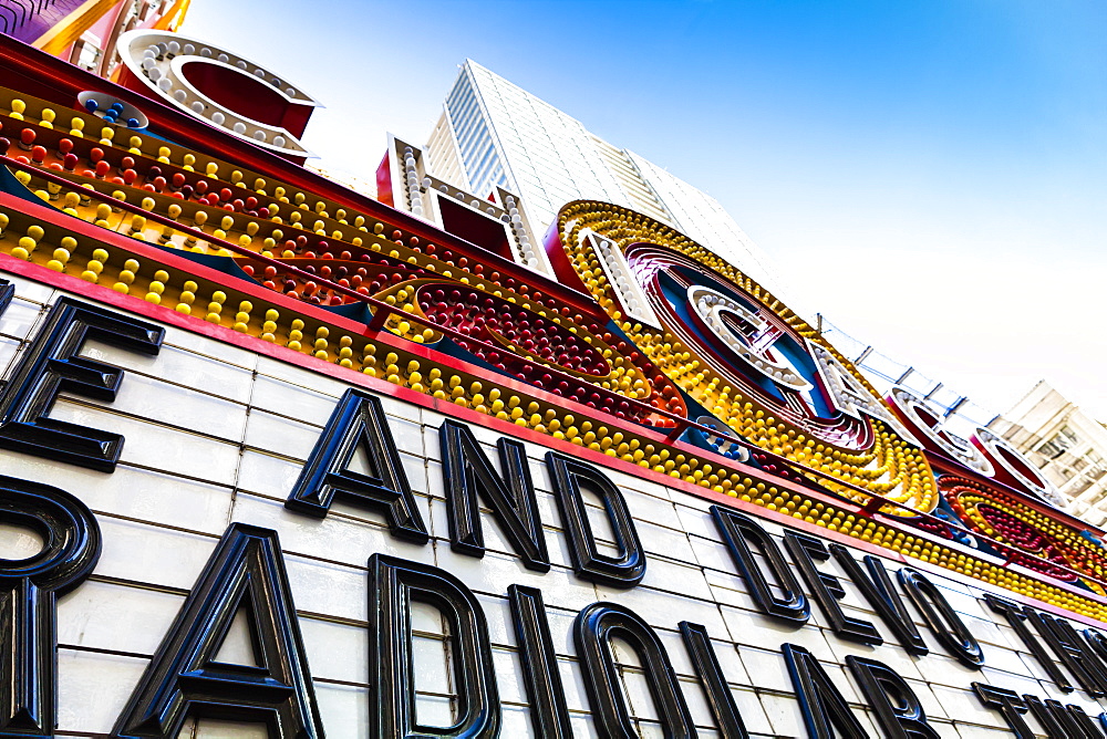 Close up of Chicago Theatre marquee, Chicgo, Illinois, United States of America, North America