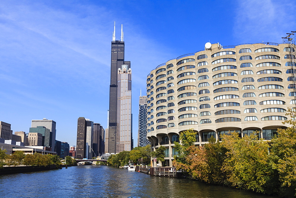 The south branch of the Chicago River, Willis Tower, formerly Sears Tower, in the centre, Chicago, Illinois, United States of America, North America