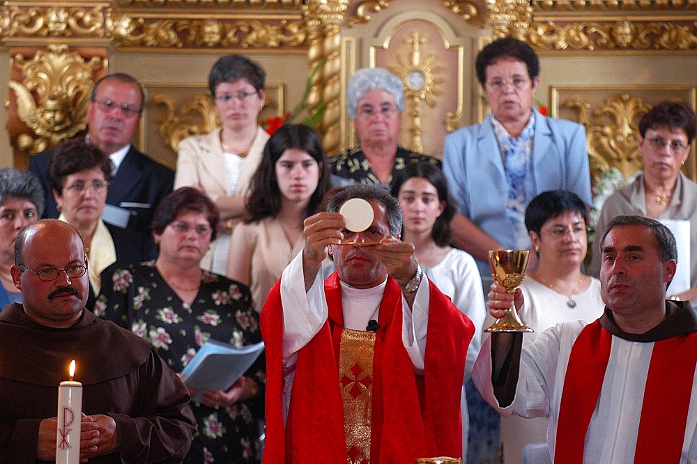 Roman Catholic mass during Espiritu Santo Festival in Vila Novo, Terceira, Vila Nova, Azores, Portugal, Europe