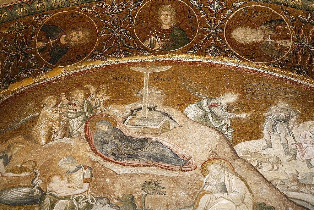 Mosaic depicting Mary giving birth to Jesus Christ in Kariye Camii (Holy Saviour in Chora church ), Istanbul, Turkey, Europe