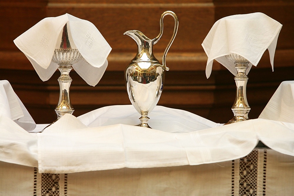 Chalices and ciborium used in the Protestant service of the United Reformed church, Paris, France, Europe