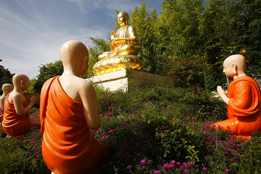 Statues of the Buddha with his disciples in Benares, Sainte-Foy-les-Lyon, Rhone, France, Europe