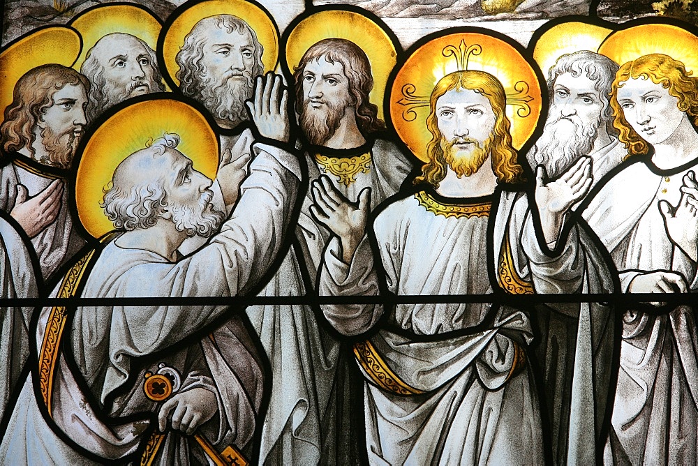 Stained glass window depicting St. Peter protesting his fidelity to Christ, Notre Dame de Beaune church, Beaune, Cote d'Or, Burgundy, France, Europe