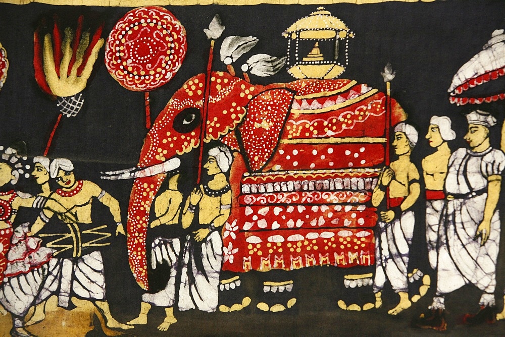 Cloth print depicting the sacred Buddha tooth relic in the Perahera in Kandy, Sri Lanka, Asia