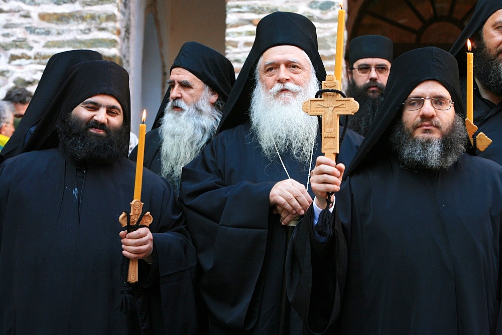 Monks at Koutloumoussiou monastery on Mount Athos, Greece, Europe