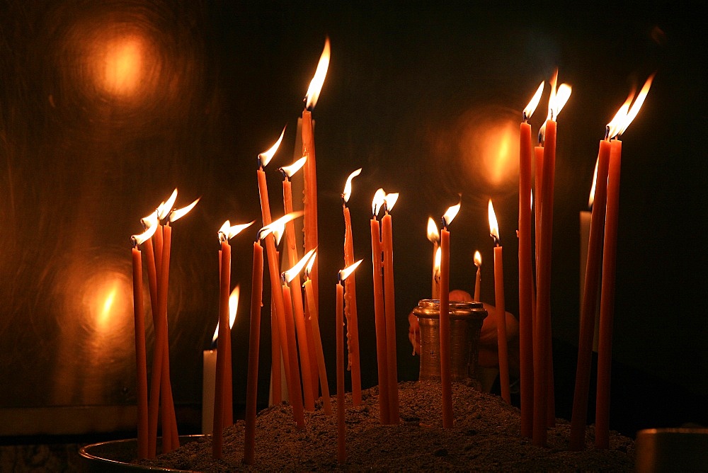 Candles in a Greek Orthodox church, Thessaloniki, Macedonia, Greece, Europe